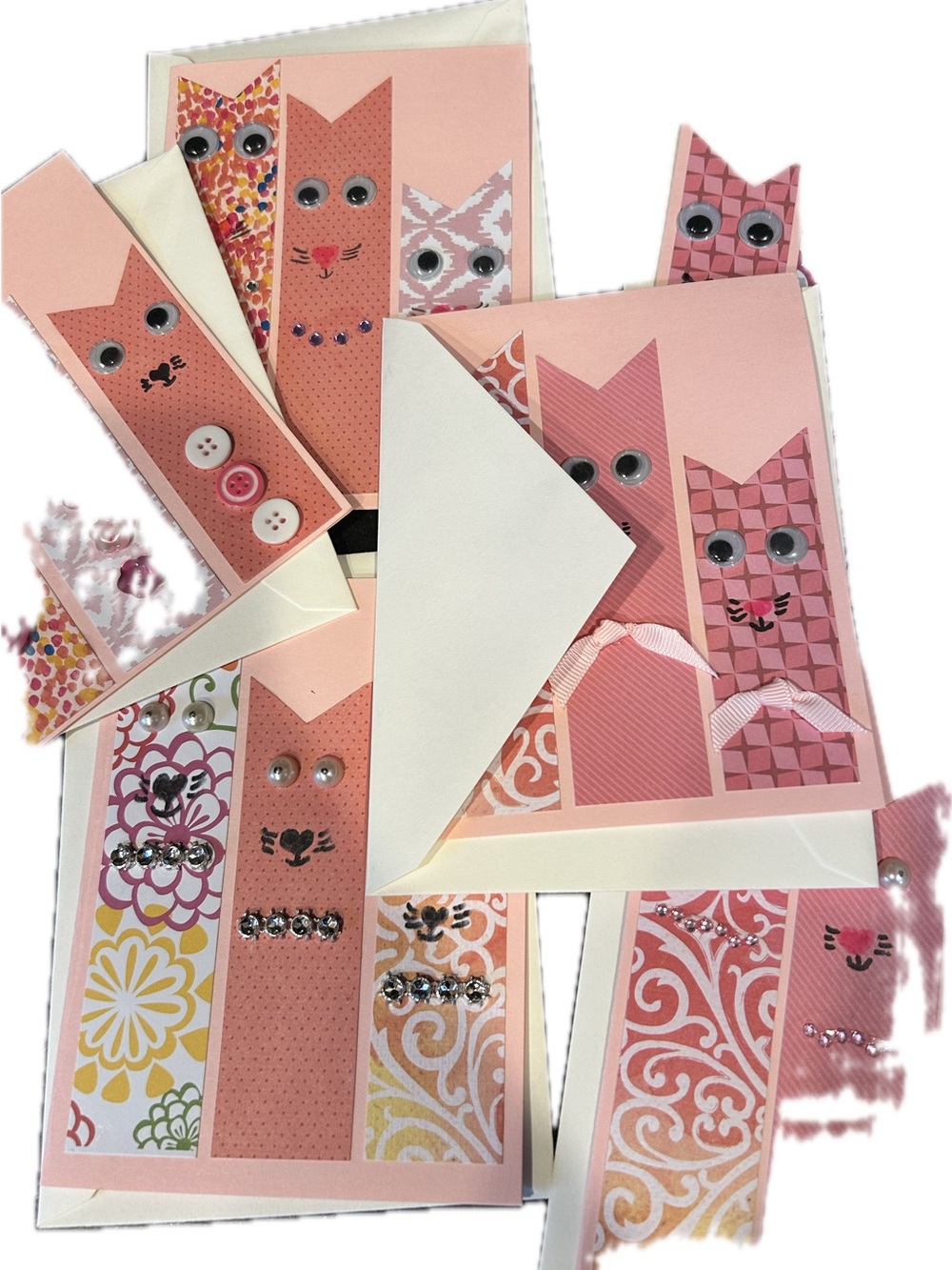 Handmade Whimsical Pink Cat Card & Envelope stationary kitty cat w buttons gems